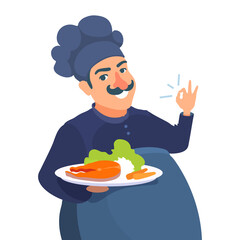 Professional chef cook with a food tray. Showing OK gesture by his hand, smiling. Happy man in an apron, hat, work uniform, holding a dish with a meal. Vector cartoon illustration.