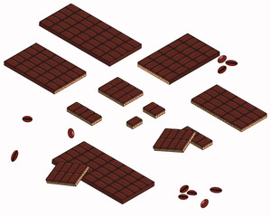 Chocolate. Different pieces of chocolate in the isometry. Isolated vector image on a white background.