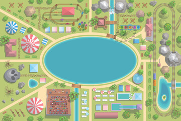 A vector illustration of amusement park map. (Top view)
Attractions, paths, lake, railroad, circus, trees, plants, tents. (View from above)