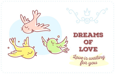 Vector template with illustration of beautiful flying retro color birds in the sky with inscription.