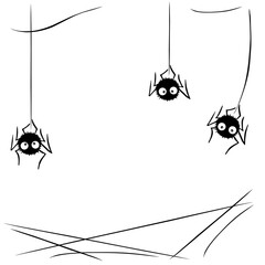Cute black spiders dangle and swing on the web. Hand drawn. Halloween vector background frame