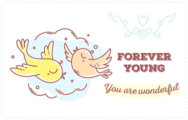 Vector template with illustration of romantic flying two birds in the sky with inscription.