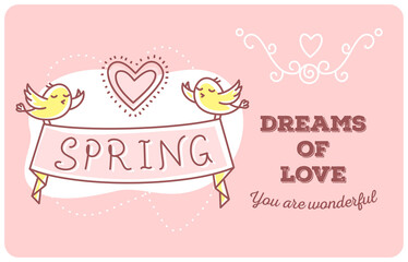 Vector template with illustration of yellow birds hold tape with inscription on pink background.