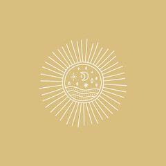 Wild moonchild art. Moon and Sun concept. Witchcraft culture. Harmony and zen. Crescent moon magic symbols. Vector illustration.