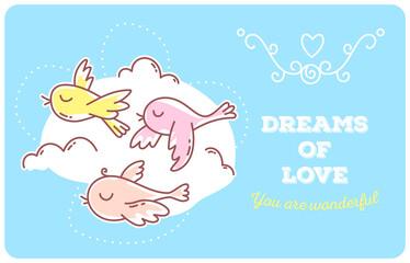 Vector template with illustration of migratory birds are back home in blue sky with clouds in the spring.