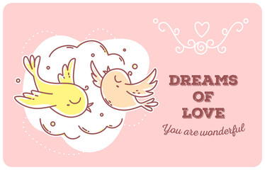 Vector template with illustration of romantic flying two birds in the sky on pink background.