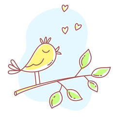 Vector spring illustration of beautiful singing bird sitting on a branch with hearts.