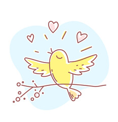 Vector spring illustration of beautiful singing bird flaps its wings sitting on a branch with hearts.