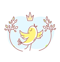 Vector spring illustration of beautiful singing yellow bird with branches and crown on white background.
