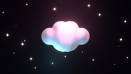 Glowing cloud and stars paper art on a black background. 3d rendering picture.