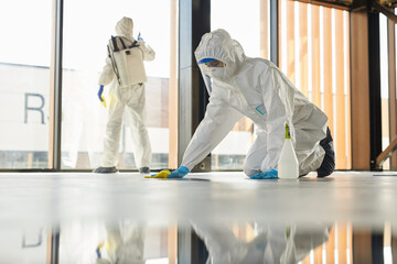 Full length portrait of two workers wearing protective suits cleaning surfaces indoors during...