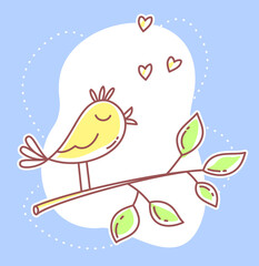 Vector spring illustration of beautiful singing bird on blue background sitting on a branch with hearts.