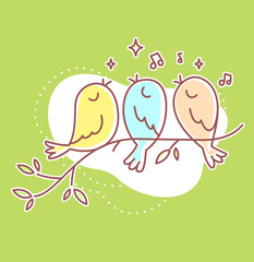 Vector spring illustration of three beautiful singing bird sitting on a branch with cloud on green background.