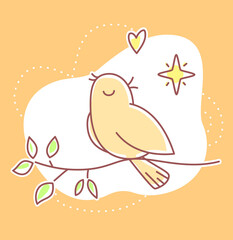 Vector spring illustration of beautiful singing bird on orange background sitting on a branch.