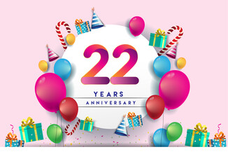 22nd years Anniversary Celebration Design with balloons and gift box, Colorful design elements for banner and invitation card.