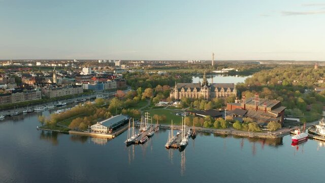 Aerial view of Djurgarden & Nordic museum, Boats docked at harbor in Stockholm. 