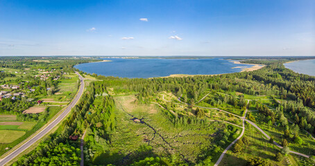 The lakes Naroch and Miasto, National park Narochansky, Belarus. Drone aerial photo