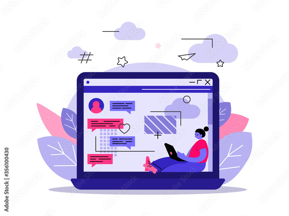 Poster illustration of a monitor with chat messages. vector. flat style. mocap, web template. character in 