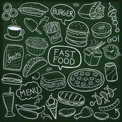 Fast Food Doodle Icon Chalkboard Sketch. Restaurant Menu famous Dishes.