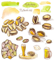 Set of pistachio drawings: with and without shells, individual nuts and piles, stylized, watercolor and pen, handmade