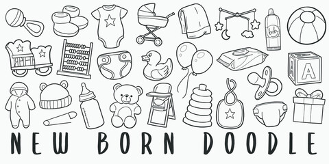 Fototapeta premium New Baby Born Doodle Line Art Illustration. Hand Drawn Vector Clip Art. Banner Set Logos.