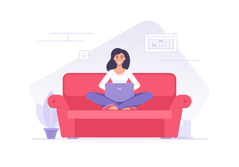 Cheerful flat woman character with laptop on sofa vector illustration