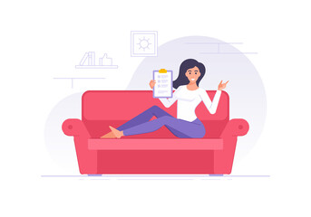 Smiling diligent woman showing clipboard with check list sitting on sofa vector illustration