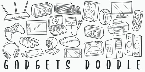 Gadgets Technology Doodle Line Art Illustration. Hand Drawn Vector Clip Art. Banner Set Logos.