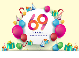 69th years Anniversary Celebration Design with balloons and gift box, Colorful design elements for banner and invitation card.