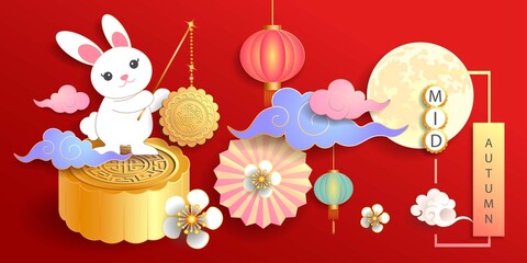 Mid autumn festival / Chinese festival with the moon, moon cake, blow, rabbits, cloud, lantern and flowers on red paper. Vector illustration © Pawan