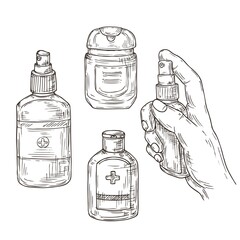  Antibacterial gel and antiseptic sanitizer spray. Hands disinfection. Vector isolated elements. Hand drawn sketch illustration.