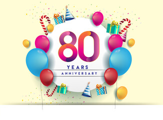 80th years Anniversary Celebration Design with balloons and gift box, Colorful design elements for banner and invitation card.