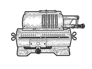 Arithmometer digital mechanical calculator sketch engraving vector illustration. T-shirt apparel print design. Scratch board imitation. Black and white hand drawn image.