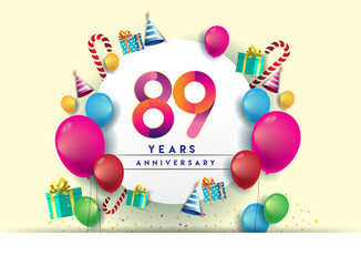 89th years Anniversary Celebration Design with balloons and gift box, Colorful design elements for banner and invitation card.
