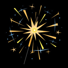 Burning sparkler isolated on black background. Bright yellow indian firework with blue sparks. Element for design banner, flyer, card for party, birthday, celebration. Vector illustration.