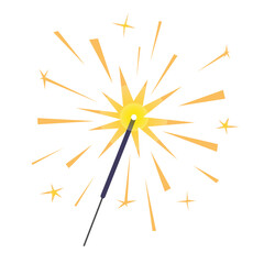 Burning sparkler isolated on white. Bright yellow indian firework with sparks. Element for design banner, flyer, card, background for party, birthday, celebration. Vector illustration.