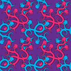 Seamless skull spine pattern on purple background. vector image