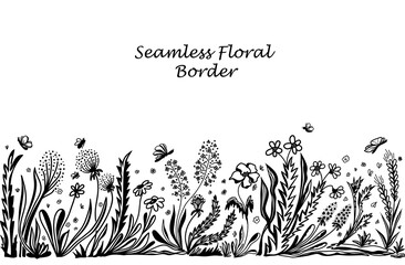 Background with seamless border in floral style black on white for banner or card or for decoration different things
