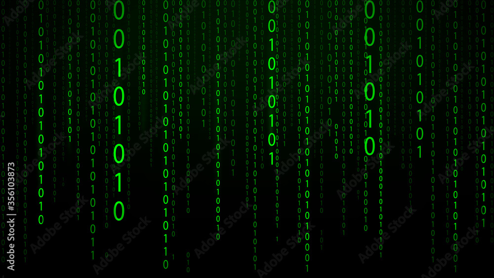 Poster Abstract green futuristic cyberspace with stream of binary code, matrix background with digits. The concept of coding and hacker. Falling numbers. Vector illustration.
