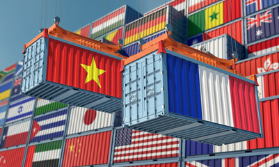 Freight containers on a Terminal with Vietnam and France flag. 3D Rendering 