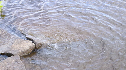 drops and splashes of water on the gray surface of a lake or river near the shore with large stones