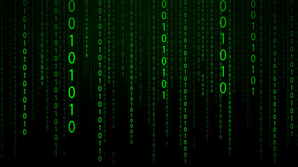 Abstract green futuristic cyberspace with stream of binary code, matrix background with digits. The concept of coding and hacker. Falling numbers. Vector illustration.