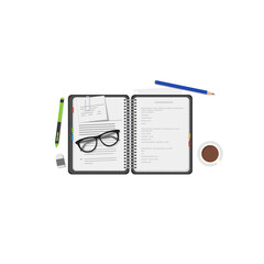 Work diary with text and pens. Color strikers, cup of coffee and glasses. Notepad with plans and organization. Education or business diary. Pages with lines of text, pencil.
