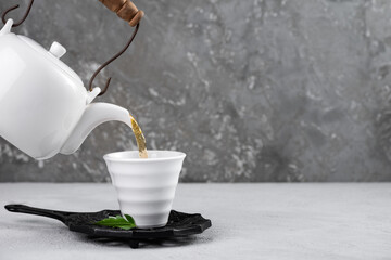 space tea cup with teapot food background