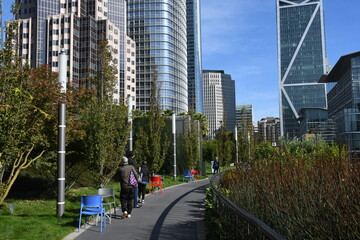 Path in Salesforce Transit Center roof garden. View with skyscrapers.