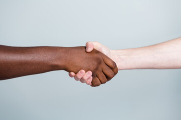 Closeup photo of two hands arms handshake different race multinational friends antiracism issue...