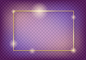 Gold shiny glowing vintage frame with shadows isolated on transparent multicolored background. Golden luxury realistic rectangle border. Vector illustration
