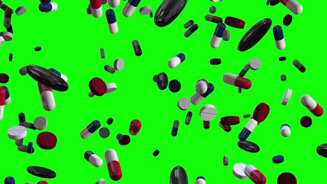 Assorted Red and Blue Pills Raining Down on Green Alpha