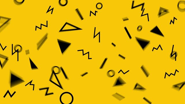 Retro abstract design yellow pattern background with colorful triangles, circles, lines and zigzags. Memphis style with geometrical shapes. Loop.