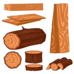 Cartoon Color Wood Industry Raw Materials Icons Set. Vector